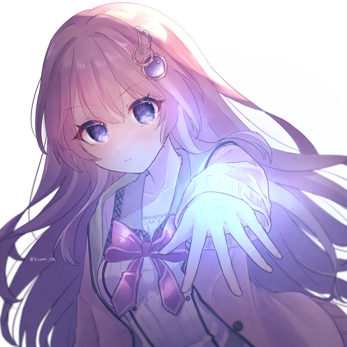 1girl, 9-nine-, blue_eyes, blurry, bow, breasts, cardigan, ch2sh