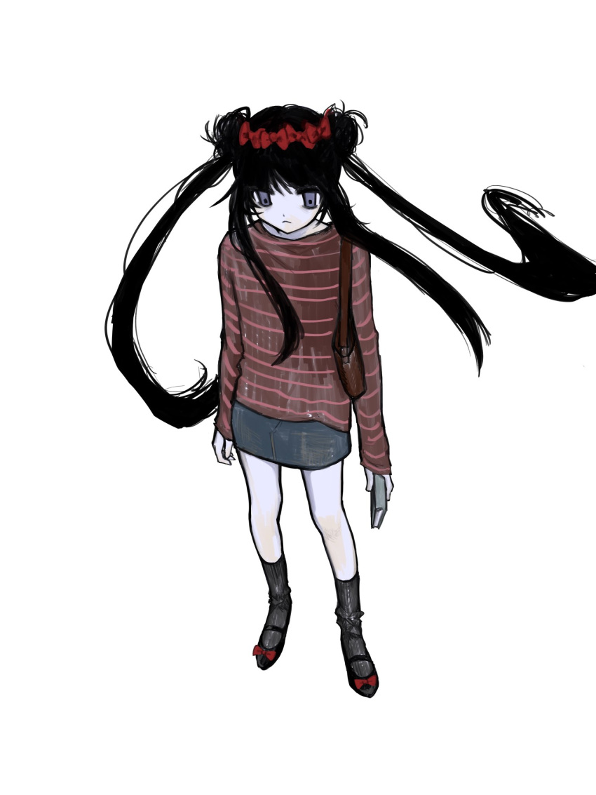 1girl, black_footwear, black_hair, book, bow, brown_sweater, closed_mouth, floating_hair