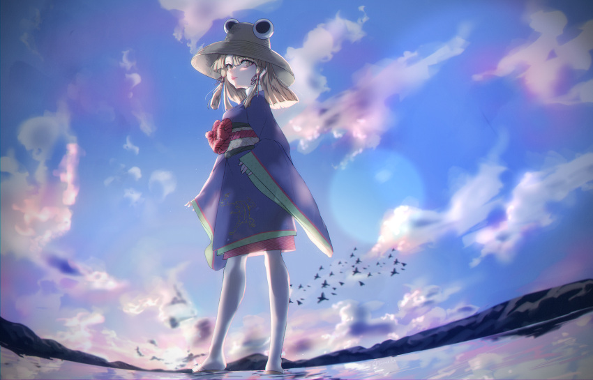 1girl, absurdres, alternate_costume, backlighting, bird, blonde_hair, brown_hat, closed_mouth