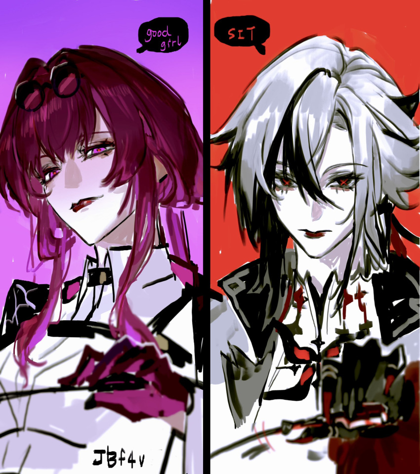 2girls, arlecchino_(genshin_impact), black_eyes, black_hair, crossover, eyewear_on_head, genshin_impact, glasses, highres, honkai:_star_rail, honkai_(series), kafka_(honkai:_star_rail), long_hair, looking_at_viewer, multicolored_hair, multiple_girls, pink_eyes, pink_hair, streaked_hair, suit, symbol-shaped_pupils, tanyaf2022, two-tone_hair, white_hair, x-shaped_pupils