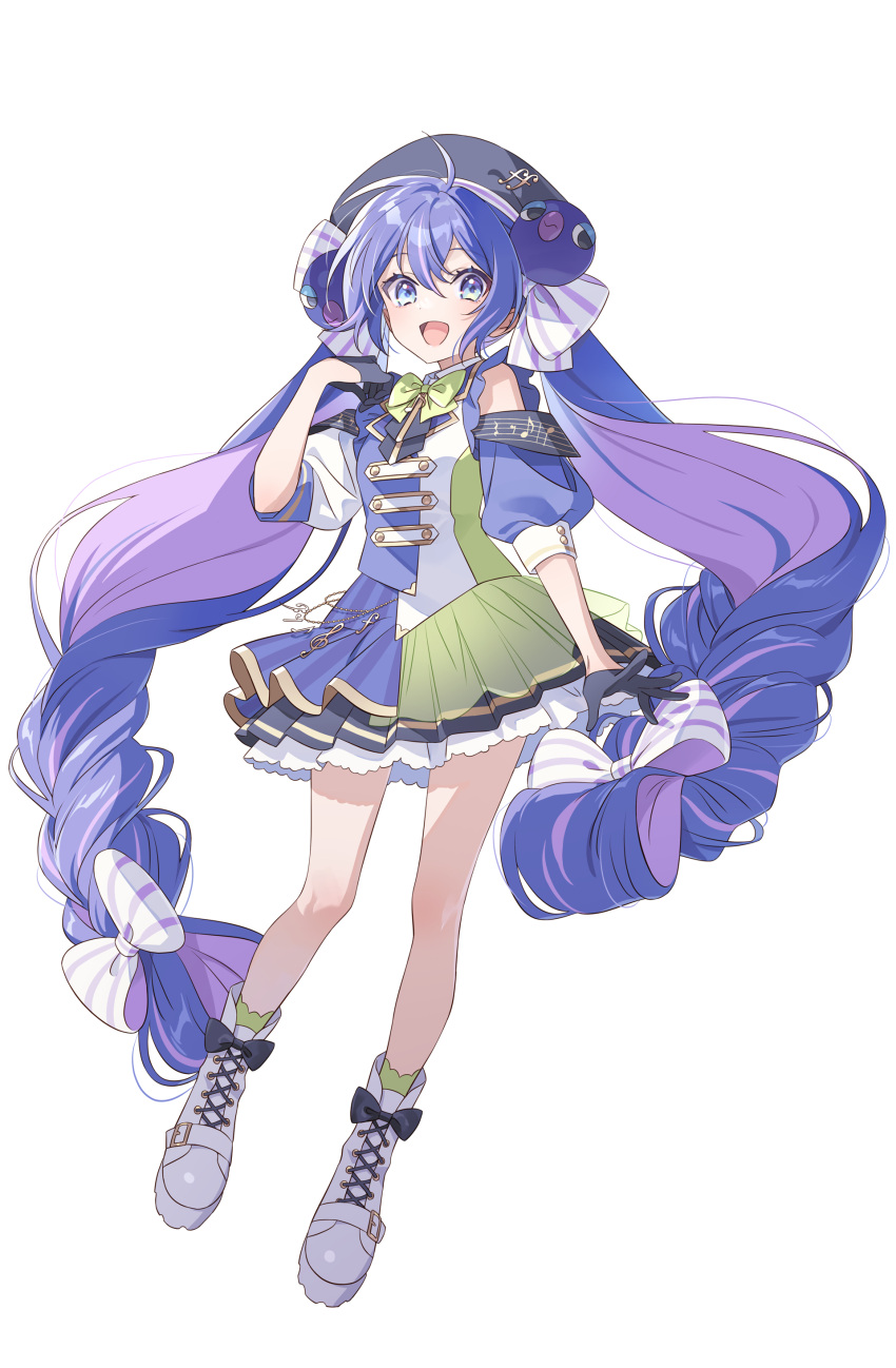1girl, absurdres, black_gloves, black_hat, blue_dress, blue_eyes, blue_hair, boots