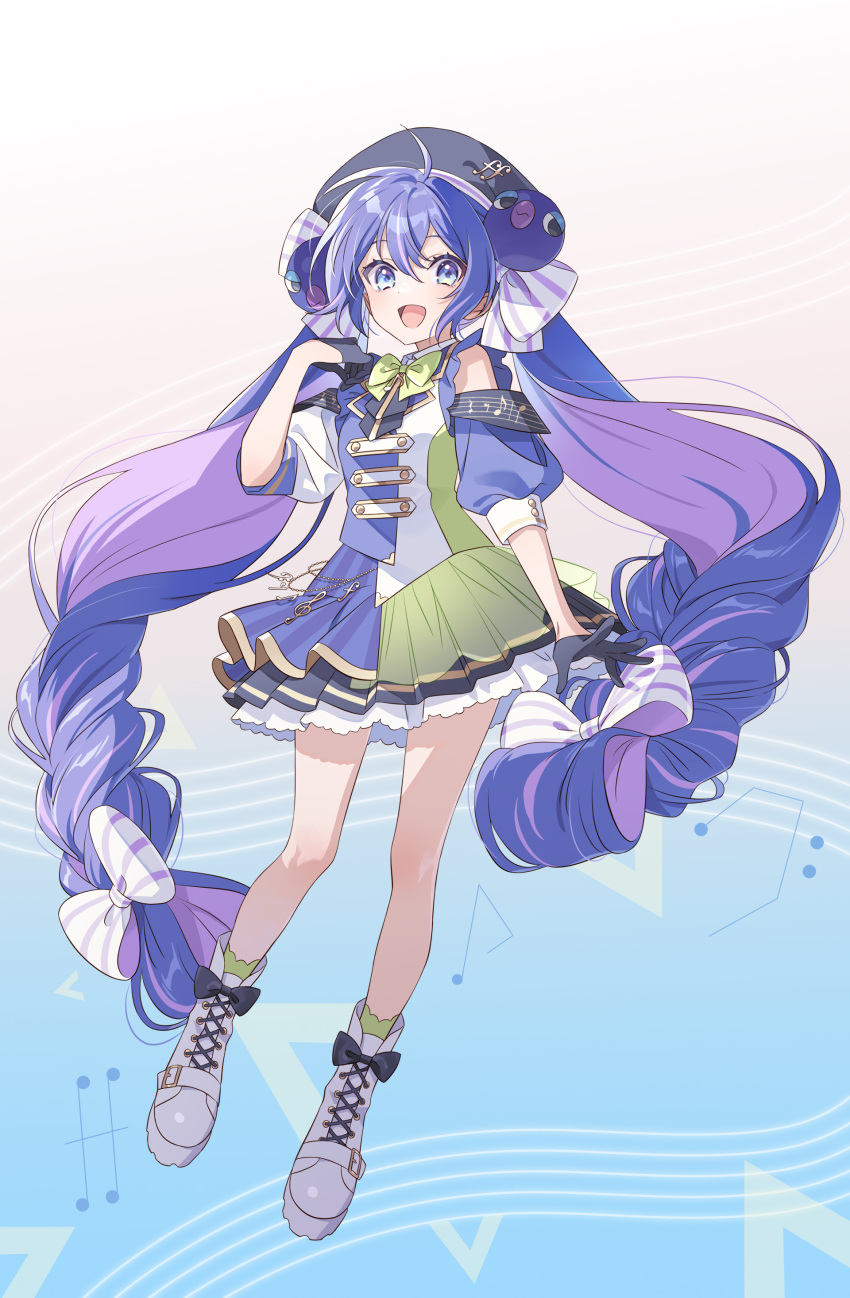 1girl, absurdres, black_gloves, black_hat, blue_background, blue_dress, blue_eyes, blue_hair