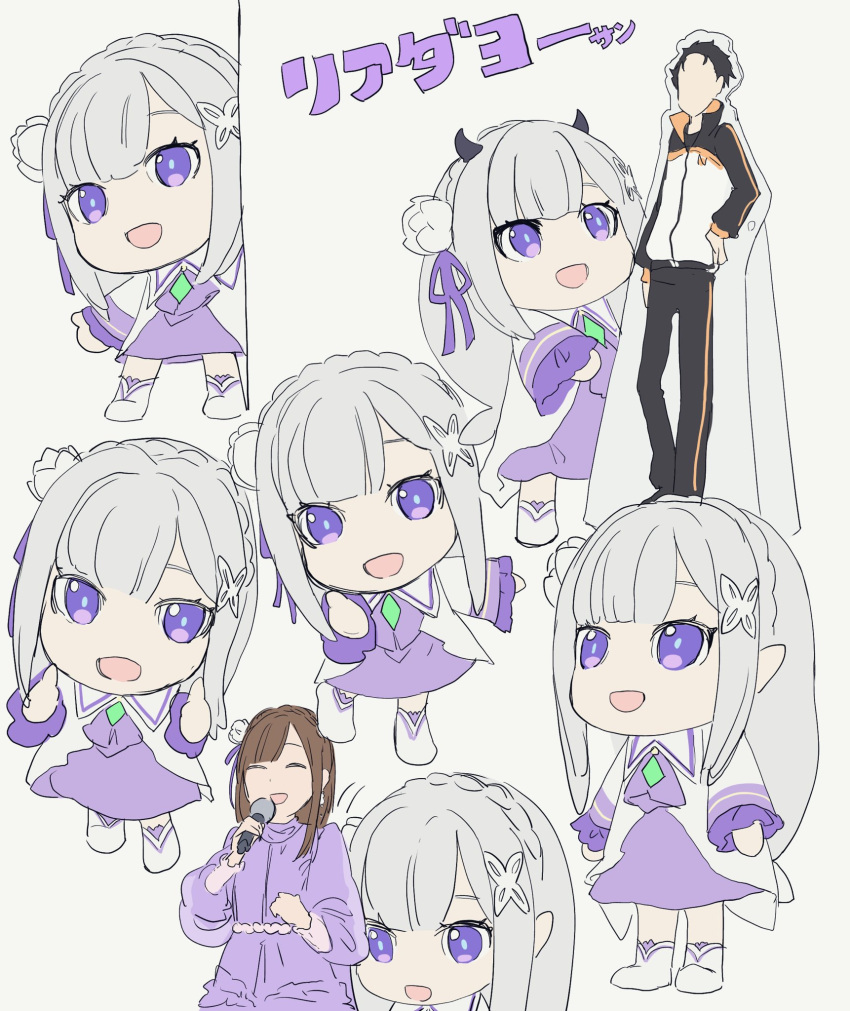 1boy, 2girls, 8_humi, :d, ^_^, asymmetrical_bangs, black_hair, black_horns