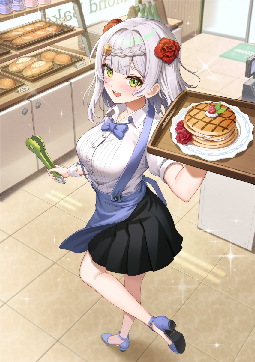 1girl, :d, absurdres, alternate_costume, bakery, black_skirt, blush, braid