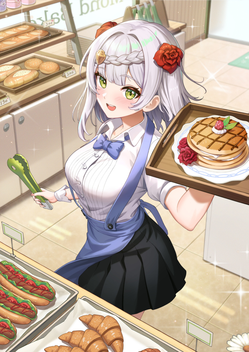 1girl, :d, alternate_costume, bakery, black_skirt, blush, braid, bread