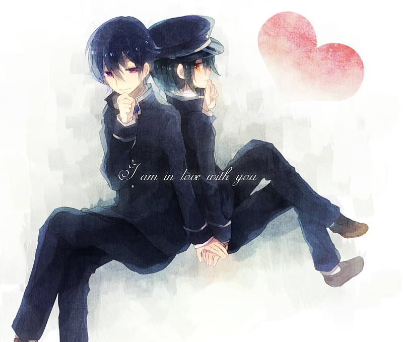 angel_beats!, bad_id, crossed_legs, hand_holding, hand_to_mouth, hat, heart, holding_hands