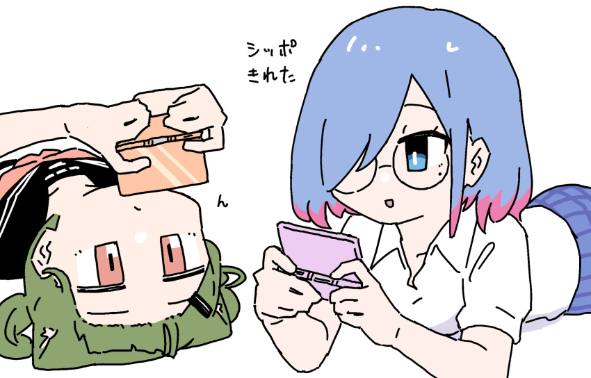2girls, :o, animal_ears, blue_eyes, blue_hair, cat_ears, cat_girl, glasses