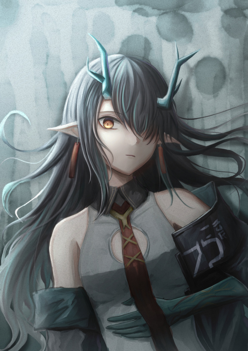 1girl, absurdres, arknights, black_jacket, colored_skin, dragon_girl, dragon_horns, dragon_tail
