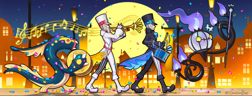 2boys, ascot, black_footwear, black_gloves, black_hat, blue_ascot, boots, brothers, chandelure, choochooboss, confetti, cymbals, drumsticks, eelektross, emmet_(pokemon), emmet_(sygna_suit)_(pokemon), fire, full_body, gloves, grey_hair, hat, highres, holding, holding_drumsticks, holding_instrument, holding_trumpet, ingo_(pokemon), ingo_(sygna_suit)_(pokemon), instrument, lamppost, male_focus, marching_band, marching_band_baton, multiple_boys, music, night, night_sky, official_alternate_costume, playing_instrument, pokemon, pokemon_(creature), pokemon_masters_ex, purple_fire, siblings, sky, trumpet, white_footwear, white_gloves, white_hat, yellow_ascot