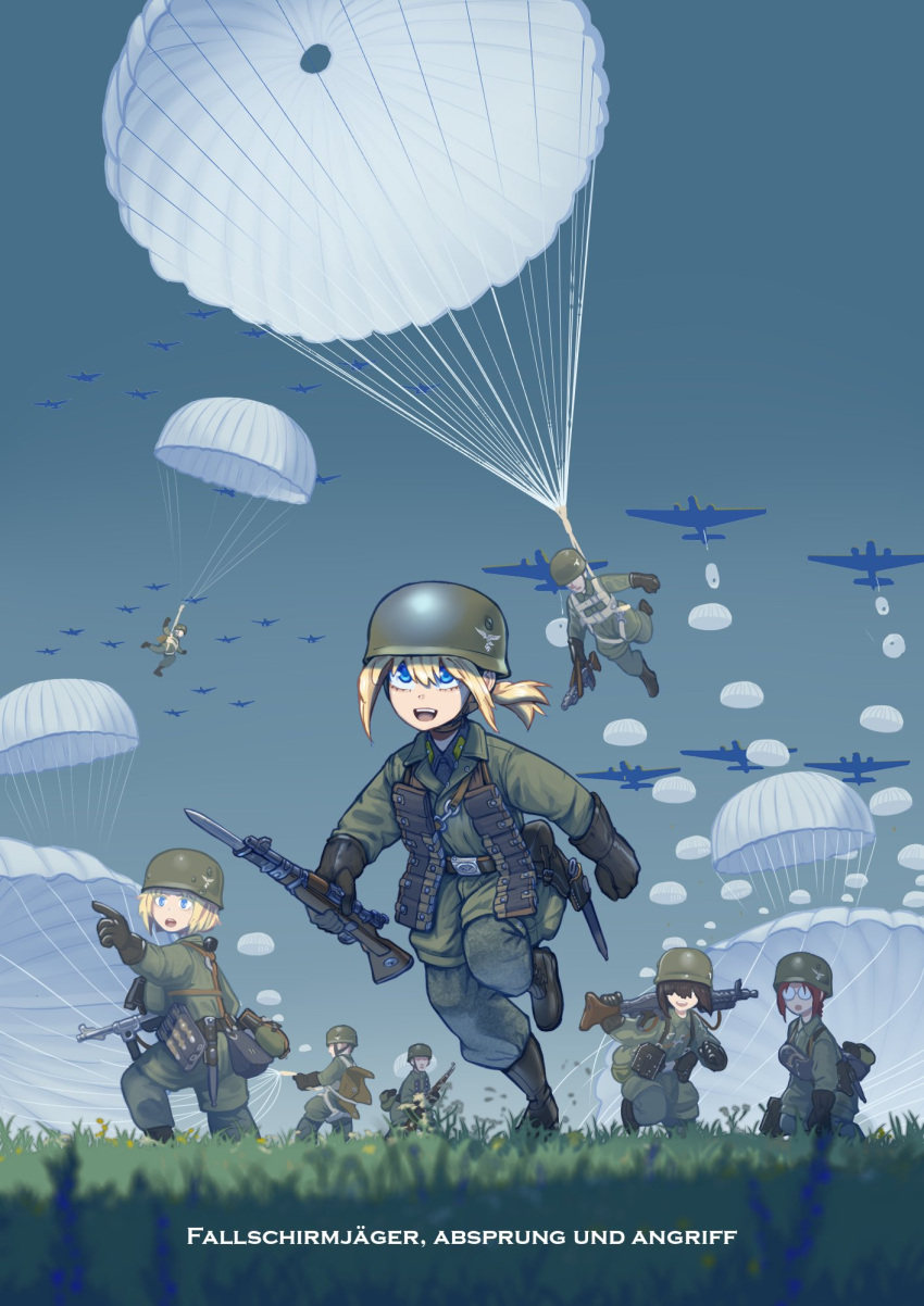 3boys, 4girls, aircraft, airplane, ammunition_pouch, battle_rifle, bayonet, belt
