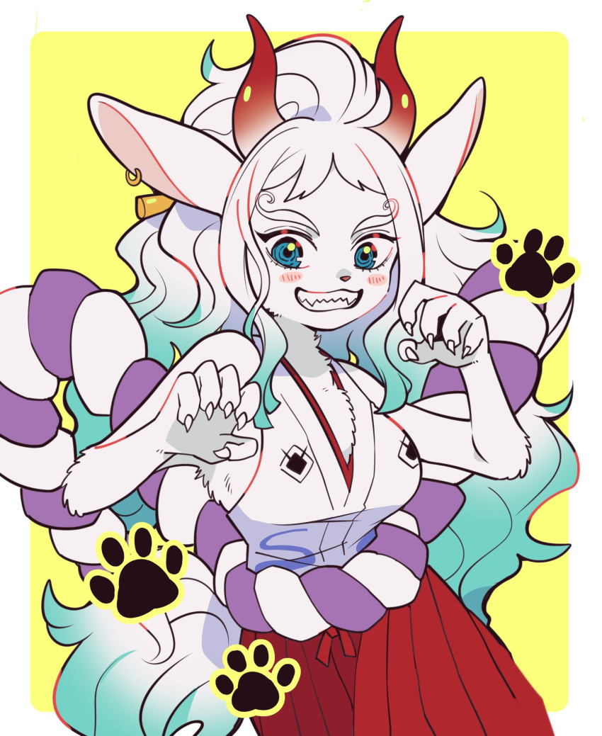 1girl, alternate_form, aqua_hair, blue_eyes, blush, claws, commentary_request, cowboy_shot, earrings, hakama, highres, horns, japanese_clothes, jewelry, kimono, looking_at_viewer, one_piece, orange_horns, ponytail, red_hakama, red_horns, rope, shimenawa, shin_yama3, sidelocks, sleeveless, sleeveless_kimono, smile, solo, white_hair, white_kimono, wolf_girl, yamato_(one_piece), yellow_background