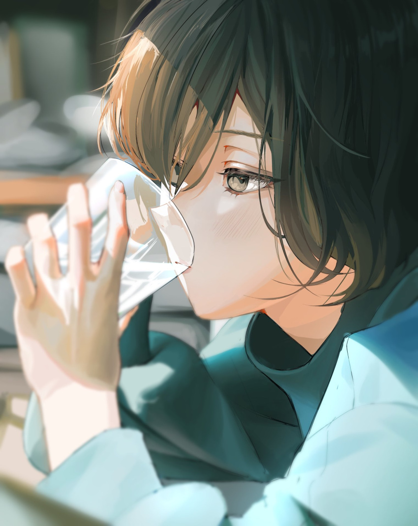 1boy, blurry, blurry_background, brown_eyes, brown_hair, cup, drinking, drinking_glass