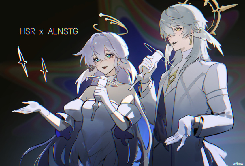 1boy, 1girl, alternate_costume, aqua_eyes, artist_name, bare_shoulders, brother_and_sister, choker, commentary, copyright_name, detached_sleeves, dress, earrings, gloves, grey_hair, hair_between_eyes, halo, halo_behind_head, hands_up, head_wings, highres, holding, holding_microphone, honkai:_star_rail, honkai_(series), jacket, jewelry, long_hair, long_sleeves, microphone, music, open_mouth, puffy_short_sleeves, puffy_sleeves, robin_(honkai:_star_rail), shirt, short_sleeves, siblings, singing, strapless, strapless_dress, sunday_(honkai:_star_rail), turtleneck, turtleneck_shirt, very_long_hair, wfleow, white_choker, white_gloves, white_jacket, white_shirt, white_wings, wings, yellow_eyes