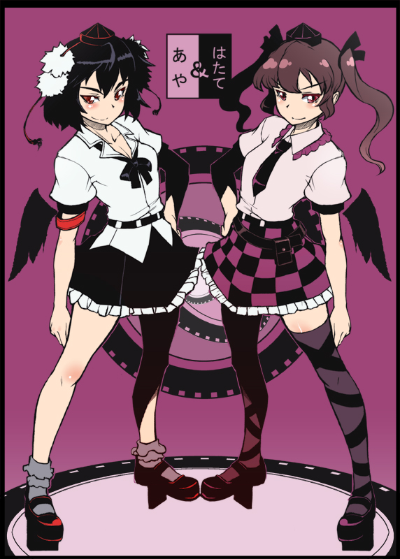 black_hair, blush, bobby_socks, brown_hair, checkered, dress_shirt, geta, hand_on_hip