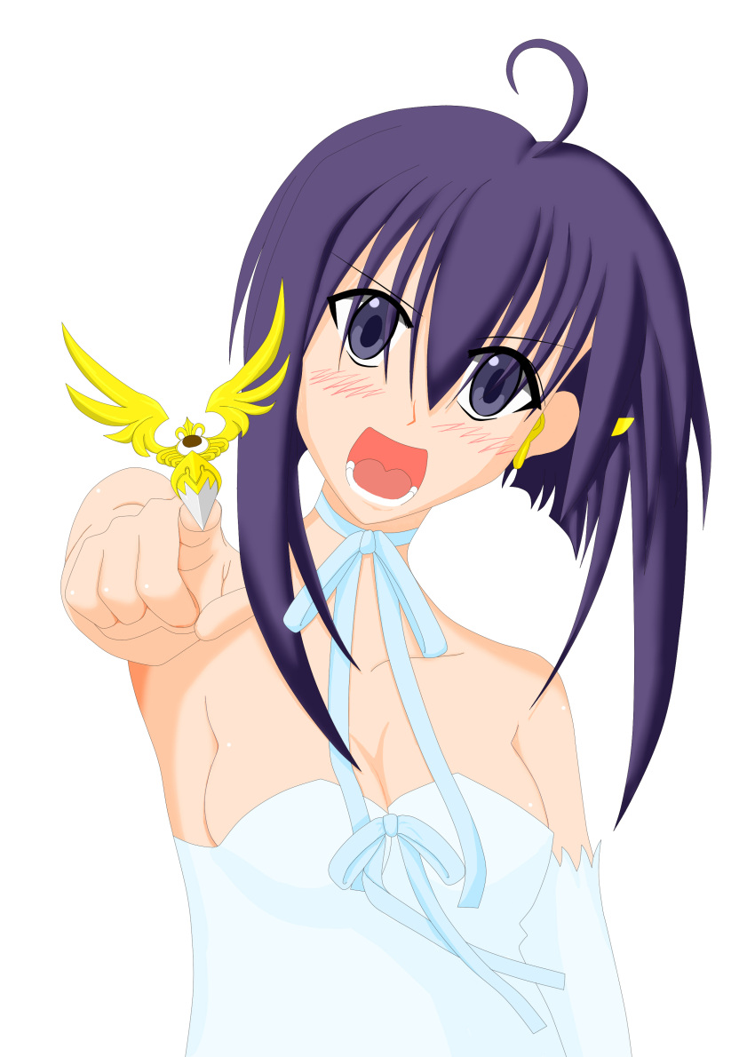 absurdres, ahoge, asymmetrical_clothing, auris_recitans, breasts, comptina_daemonia, dress, elbow_gloves, gloves, highres, jewelry, mahou_sensei_negima!, miyazaki_nodoka, pointing, purple_eyes, purple_hair, ribbon, ring, short_hair, shouting, vector_trace, violet_eyes, white_dress