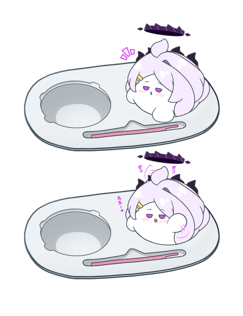 :d, absurdres, afterimage, ahoge, ahoge_wag, blue_archive, blush, chibi, expressive_hair, grey_hair, hair_ornament, hairclip, halo, hand_up, highres, hina_(blue_archive), horns, in_container, kurukurumagical, long_hair, notice_lines, parted_bangs, parted_lips, simple_background, single_hair_intake, smile, very_long_hair, waving, white_background, yukimi_daifuku_(uzru0428)