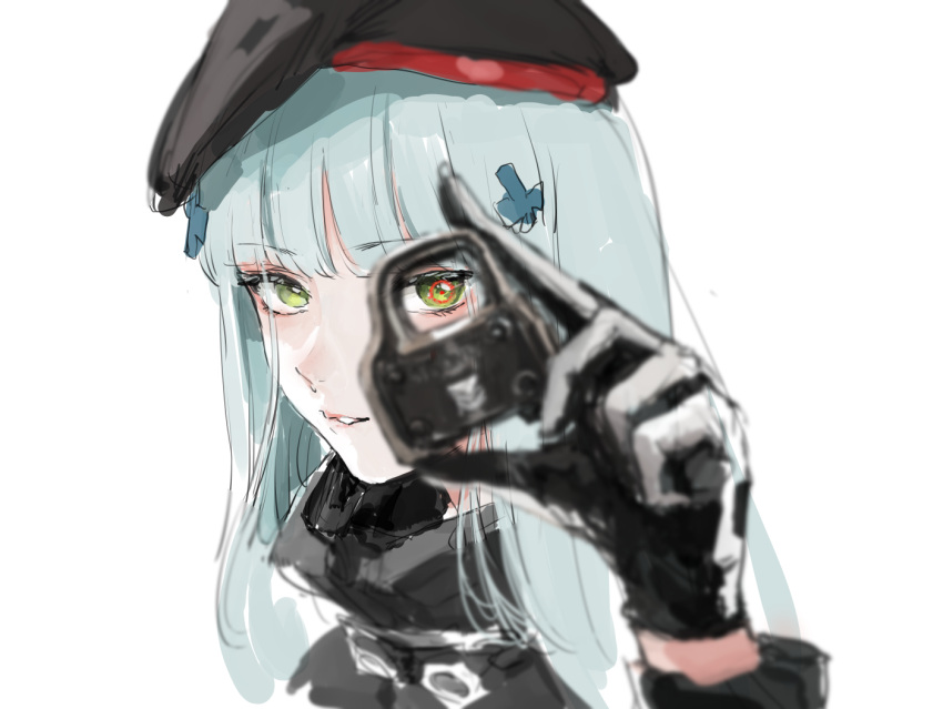 1girl, beret, black_gloves, black_hat, blurry, blurry_foreground, cross_hair_ornament, girls_frontline