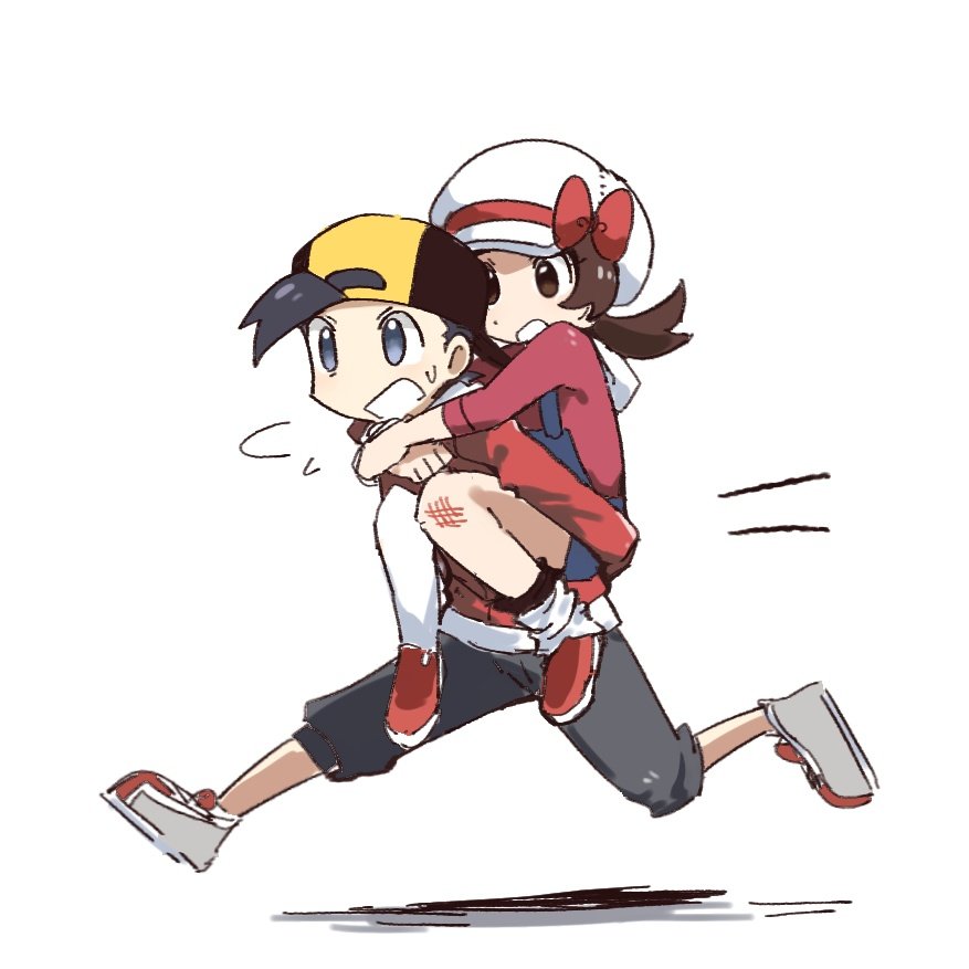 1boy, 1girl, backwards_hat, black_eyes, black_hair, blue_overalls, bow, brown_eyes