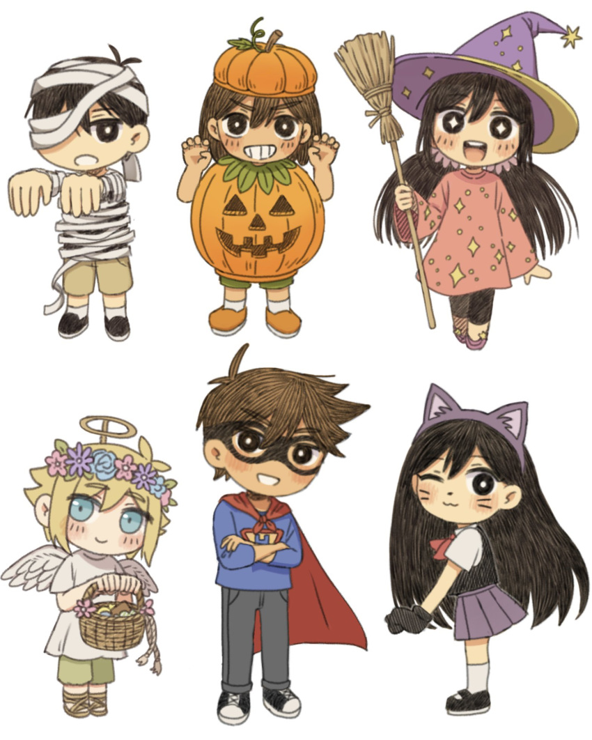 +_+, 2girls, 4boys, :3, alternate_eye_color, angel_wings, animal_ears, antenna_hair