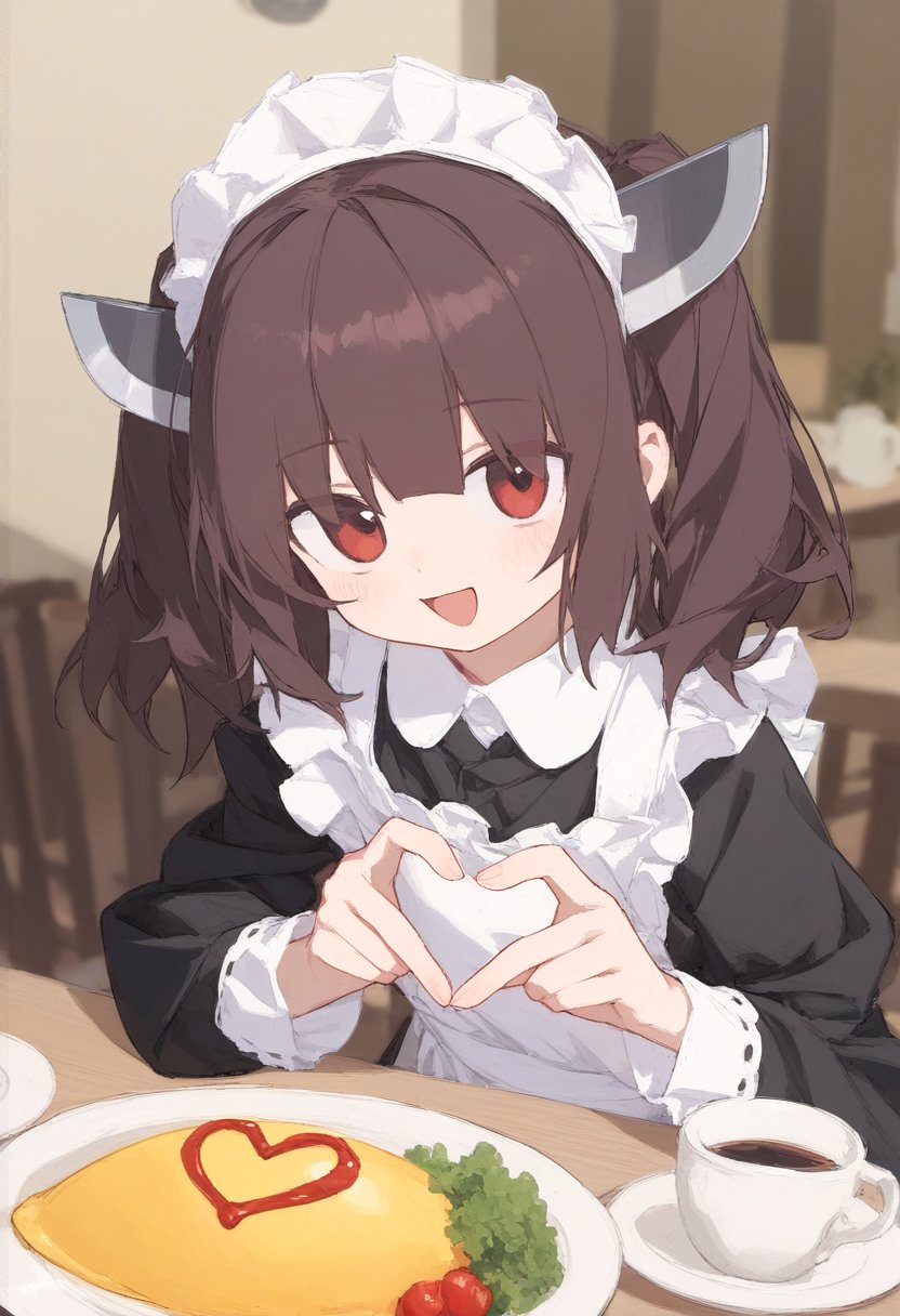 1girl, 6bodpoq9, ai-generated, alternate_costume, apron, black_dress, brown_hair, cake, cake_slice, chair, collared_dress, cup, curry, curry_rice, dress, enmaided, food, fork, frilled_apron, frills, fruit, highres, holding, holding_plate, holding_tray, juliet_sleeves, ketchup, long_sleeves, looking_at_viewer, maid, maid_apron, maid_headdress, mug, omelet, omurice, open_mouth, pancake, pie, plate, puffy_sleeves, red_eyes, rice, sandwich, saucer, sitting, smile, solo, spoon, table, tea, teacup, teapot, touhoku_kiritan, tray, voiceroid, white_apron