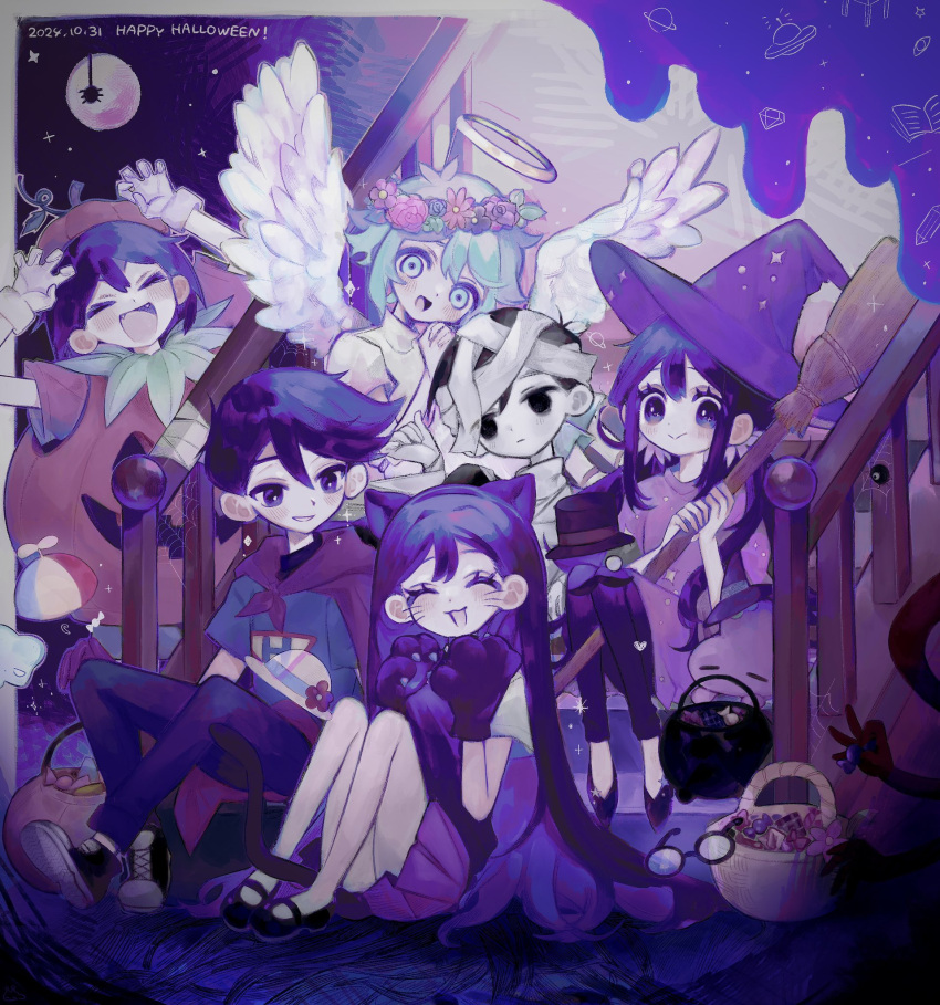 2girls, 4boys, :3, angel_wings, animal_ears, arms_up, aubrey_(headspace)_(omori), aubrey_(omori)