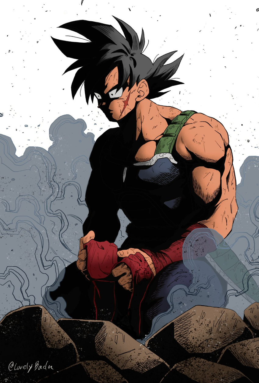 1boy, after_battle, arm_rest, armor, ashes, bandana, bardock, biceps