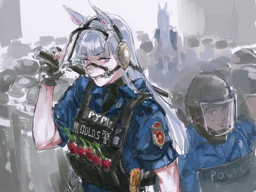 1boy, 2girls, animal_ears, ballistic_shield, baton_(weapon), black_gloves, bridle, clenched_teeth, commentary, crowd, cuffs, face_shield, fingerless_gloves, gloves, gold_ship_(umamusume), grey_hair, handcuffs, helmet, highres, horse_ears, horse_girl, long_hair, looking_at_another, looking_at_viewer, mask, multiple_girls, nervous, osakana_(denpa_yun'yun), over_shoulder, police, police_uniform, policeman, policewoman, riot_police, shield, shield_wall, sketch, solo_focus, sweatdrop, symbol-only_commentary, tall, tall_female, teamwork, teeth, turtleneck, umamusume, violet_eyes, weapon, weapon_over_shoulder