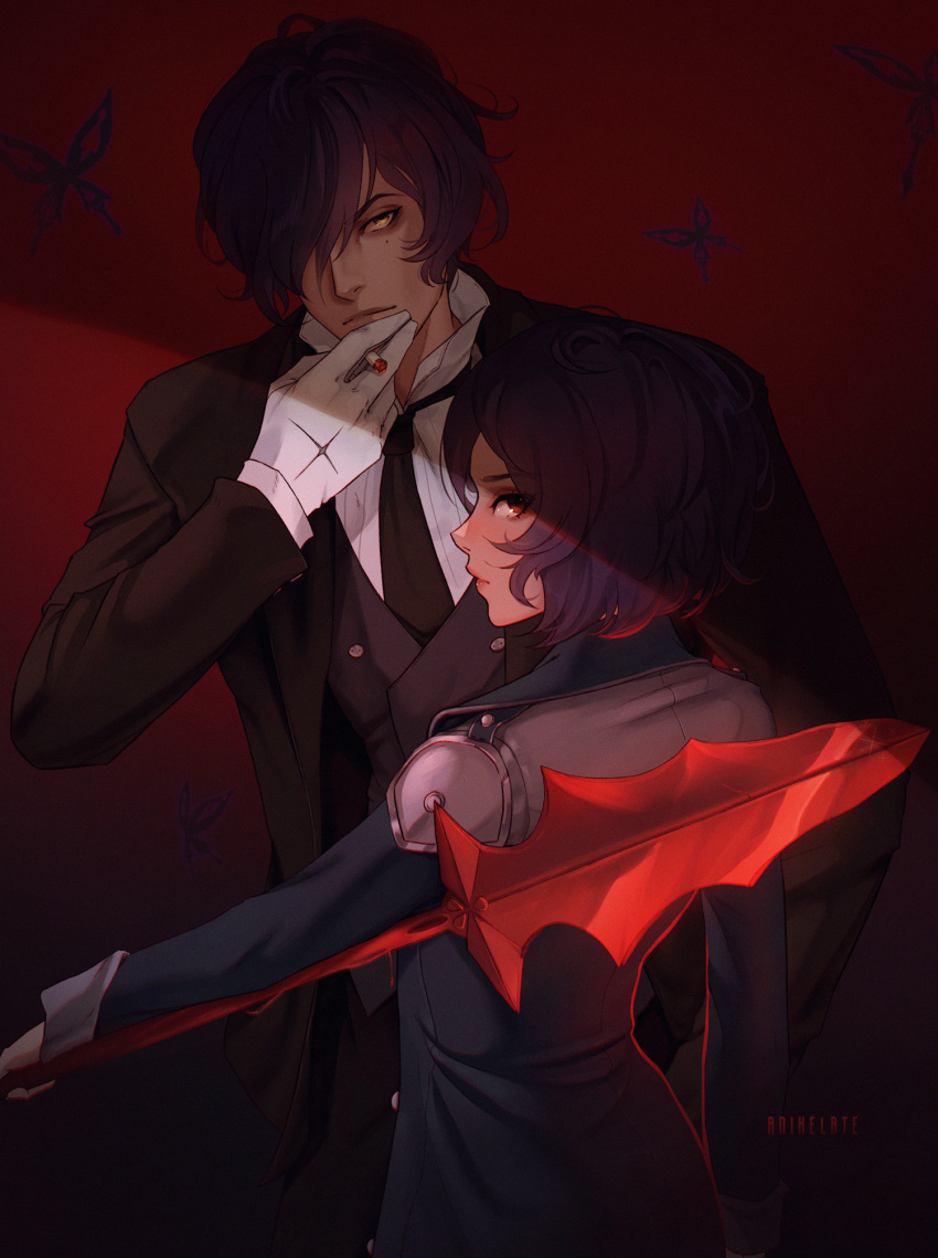 1boy, 1girl, anihelate, artist_name, black_hair, black_jacket, black_necktie, black_vest