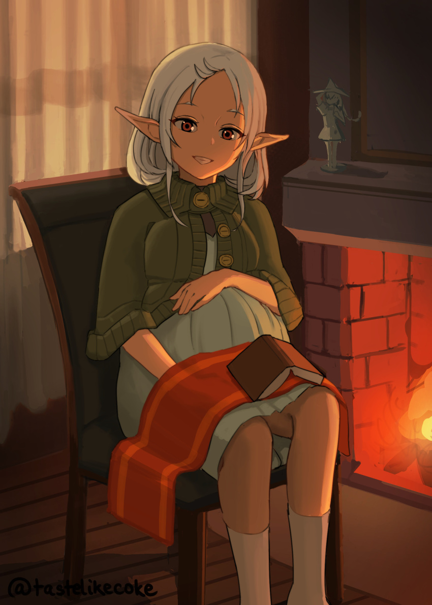1girl, absurdres, book, book_on_lap, breasts, character_doll, curtains, dim_lighting