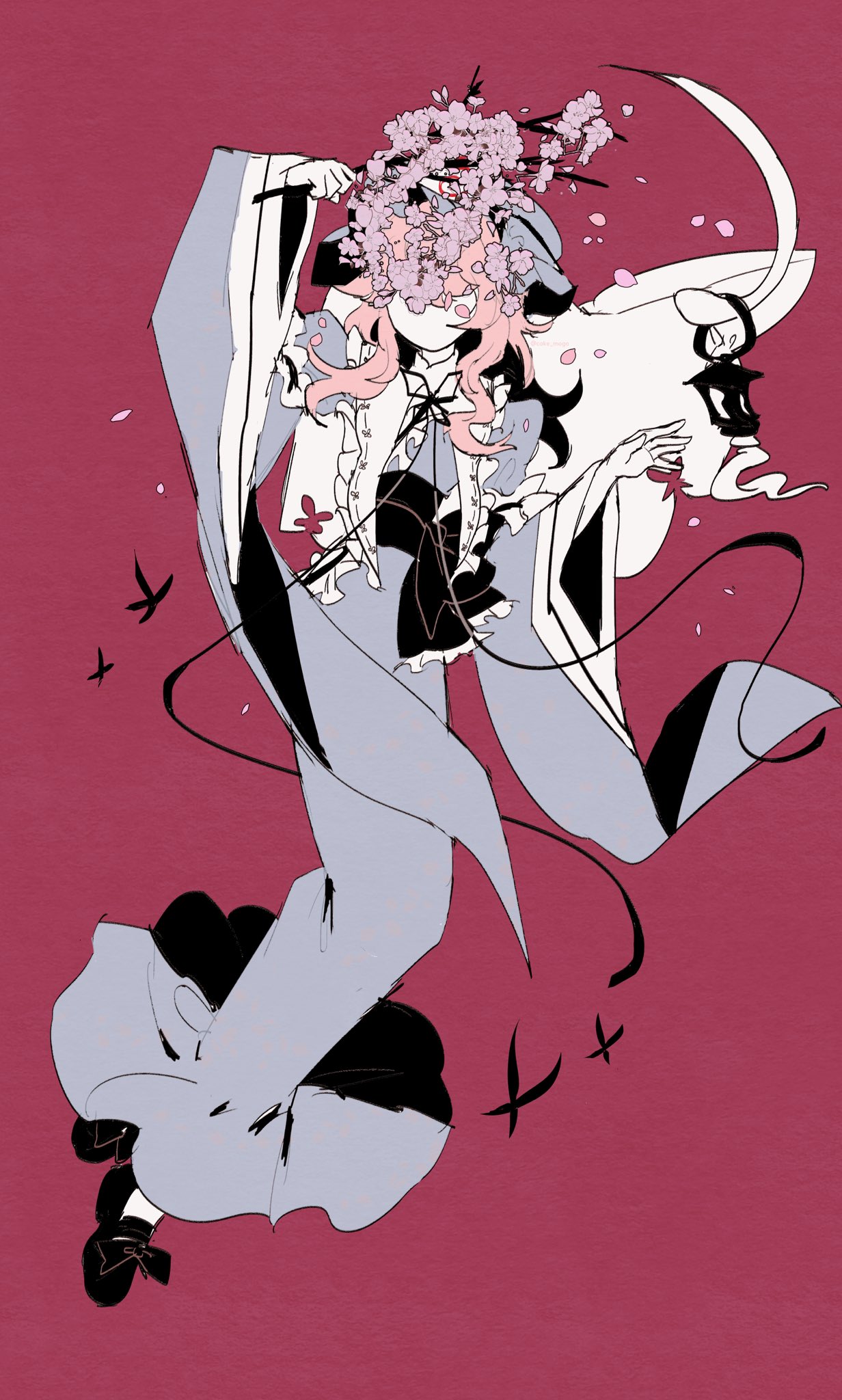 1girl, 1other, arm_up, black_footwear, blue_kimono, branch, bug, butterfly