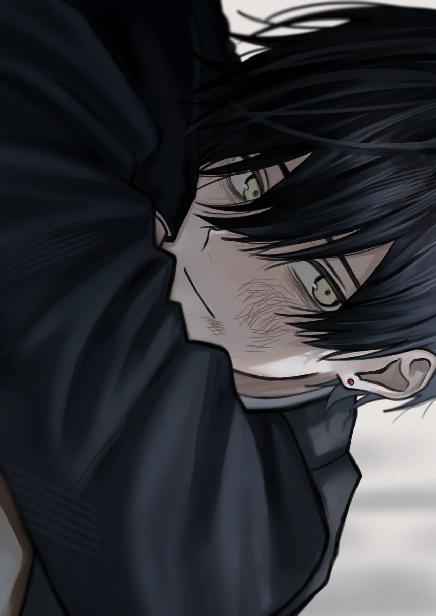 1boy, absurdres, akanei6no_sora, black_hair, black_jacket, bruise, bruise_on_face, closed_mouth, crossed_arms, ear_piercing, earrings, gakuran, hair_between_eyes, highres, injury, jacket, jewelry, long_sleeves, looking_to_the_side, male_focus, original, piercing, school_uniform, sideways_glance, solo, stud_earrings, yellow_eyes