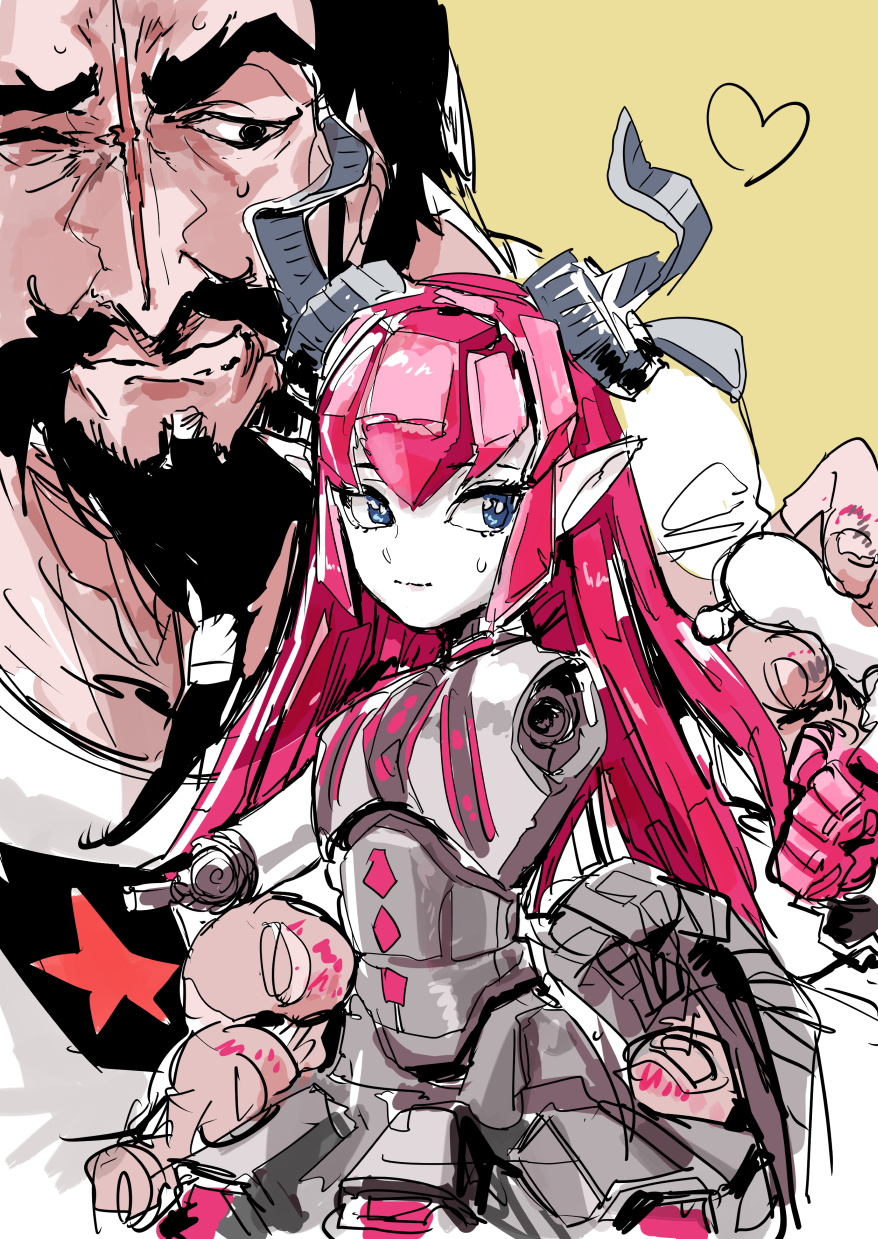 1boy, 1girl, amputee, beard, black_hair, blue_eyes, closed_mouth, commentary_request