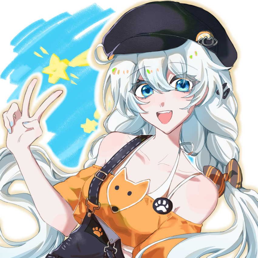 1girl, :d, bare_shoulders, black_bow, black_hat, black_overalls, blue_background, blue_eyes