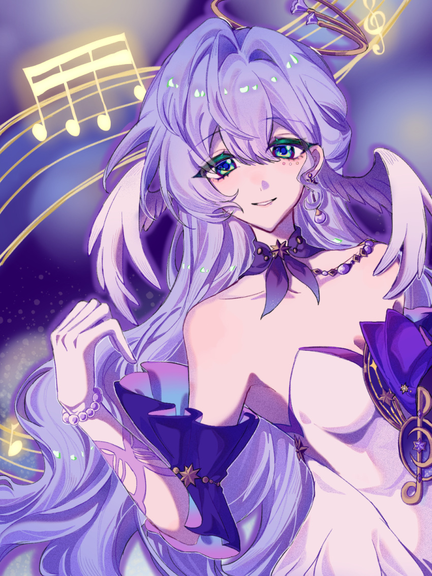 1girl, bare_shoulders, beamed_sixteenth_notes, blue_eyes, bracelet, chinese_commentary, collar, commentary_request, detached_collar, dress, dutch_angle, earrings, gloves, guahua_zhima_tuan, halo, hand_up, head_wings, highres, honkai:_star_rail, honkai_(series), jewelry, looking_at_viewer, musical_note, pearl_bracelet, purple_collar, purple_hair, purple_sleeves, robin_(honkai:_star_rail), short_sleeves, single_earring, smile, solo, staff_(music), strapless, strapless_dress, treble_clef, upper_body, white_dress, white_gloves, wings