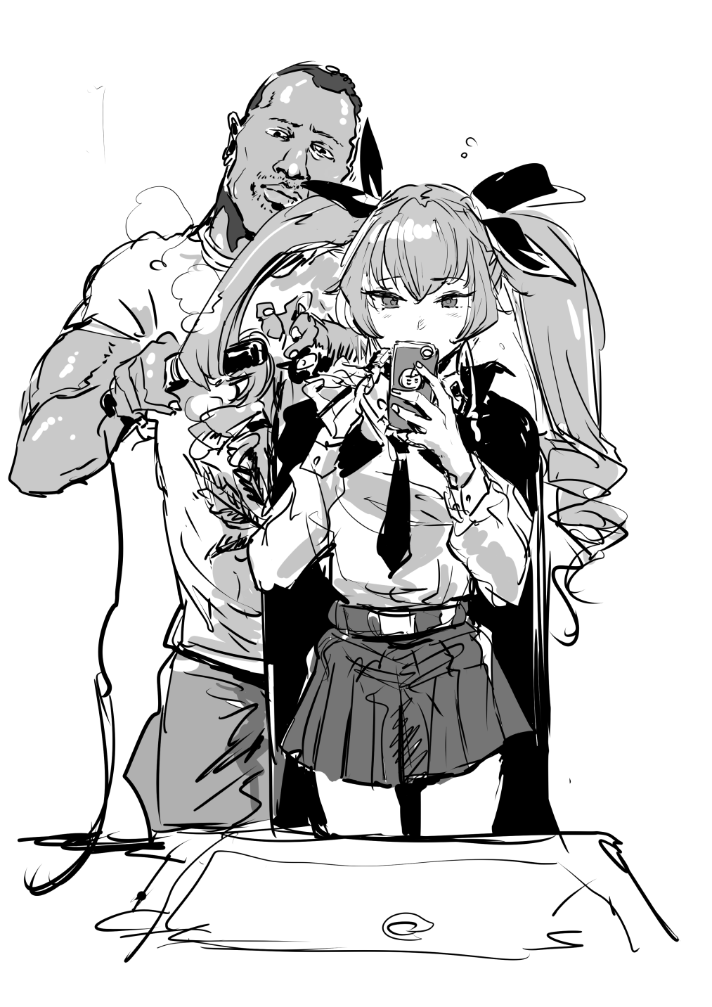 1boy, 1girl, anchovy_(girls_und_panzer), behind_another, cape, cellphone, curling_iron, dark-skinned_male