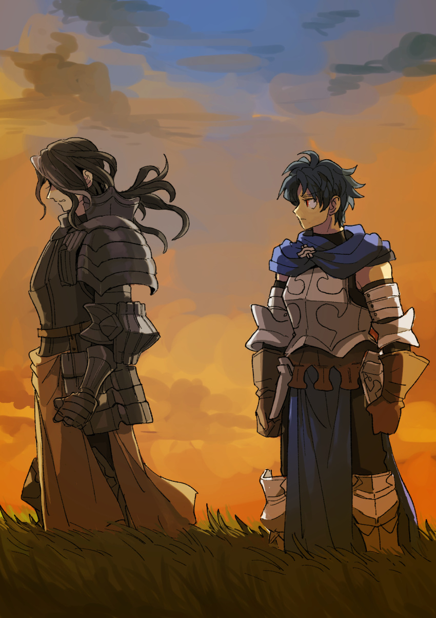 2boys, alain_(unicorn_overlord), armor, bare_shoulders, black_hair, black_pants, blue_hair, blue_tabard