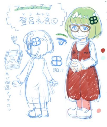 2girls, aqua_outline, bob_cut, cable, cat_eye-framed_eyewear, character_name, color_guide, commentary_request