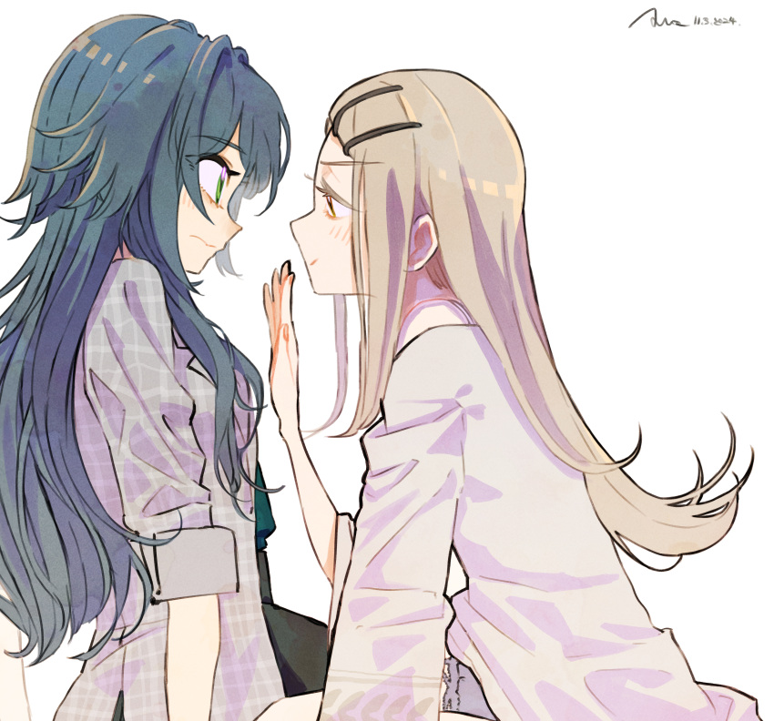 2girls, absurdres, atari_(eurf8445), blonde_hair, blush, coat, dated, eye_contact