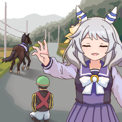 1boy, 1girl, animal_ears, bow, bowtie, closed_eyes, danburite_(racehorse), ear_covers