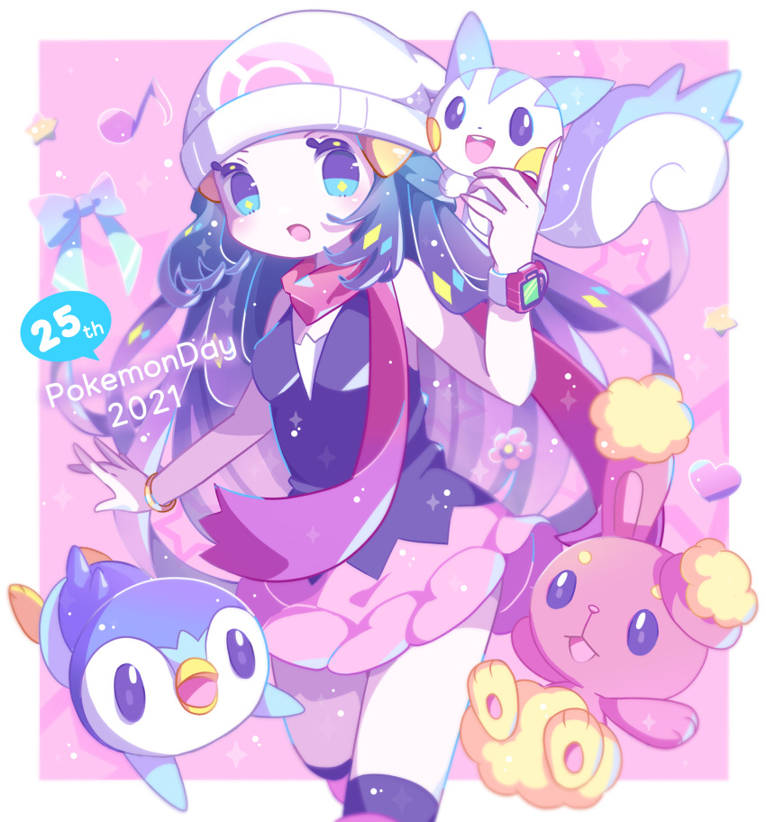 1girl, black_hair, black_shirt, black_socks, blue_eyes, blush, border, buneary, hat, highres, hikari_(pokemon), holding, holding_poke_ball, long_hair, mimairo, no_nose, open_mouth, pachirisu, pink_skirt, piplup, poke_ball, poke_ball_(basic), pokemon, pokemon_(creature), pokemon_dppt, red_scarf, scarf, shirt, skirt, socks, very_long_hair, watch, watch, white_border, white_hat