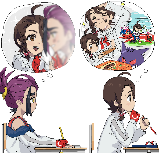 1boy, 1girl, black_hair, blush, brown_eyes, brown_hair, chair, closed_eyes