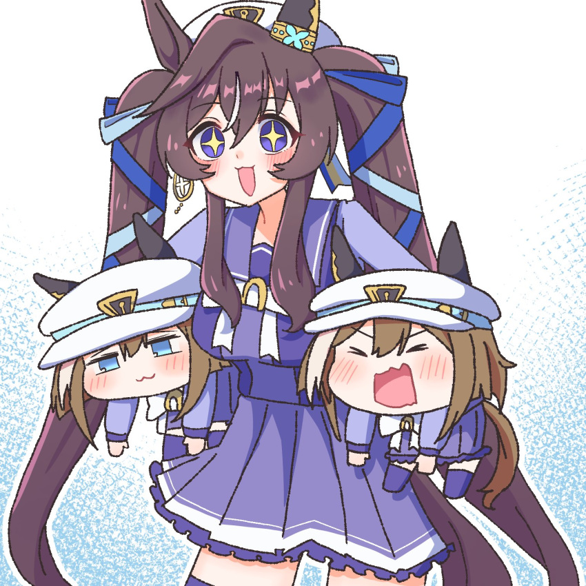 +_+, 2girls, animal_ears, beret, blush, breasts, brown_hair, carrying