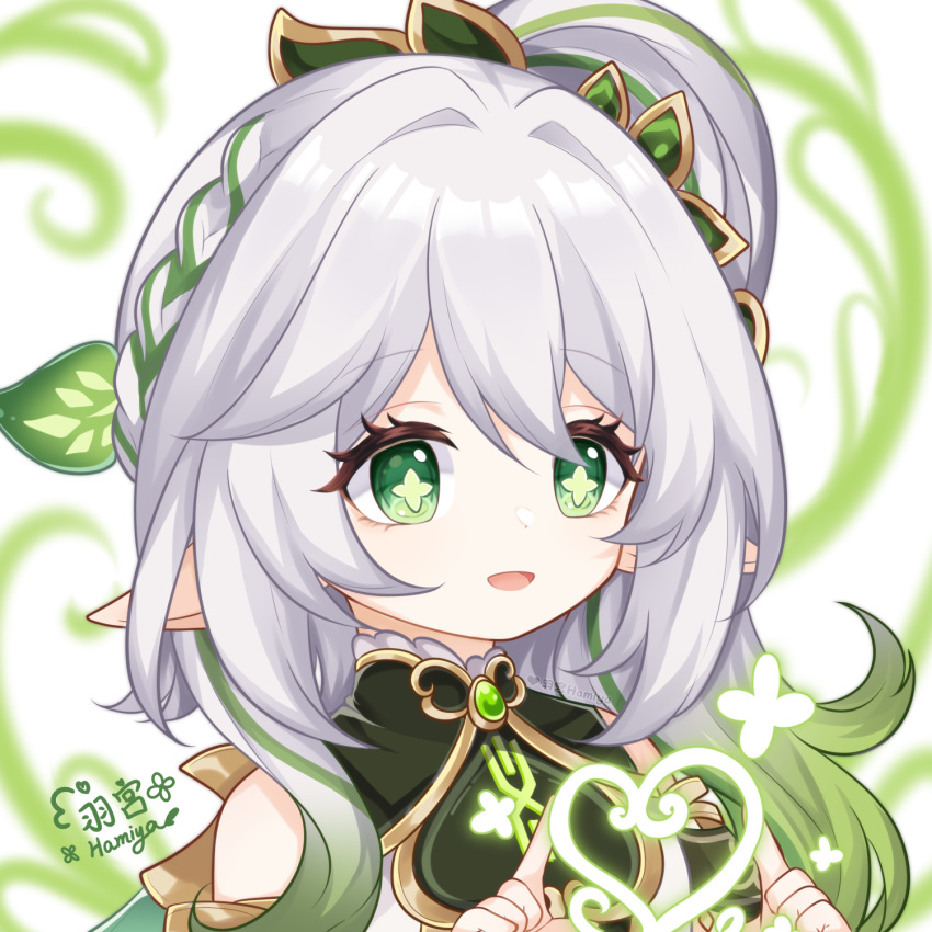 1girl, artist_name, bare_shoulders, commentary, genshin_impact, gold_trim, gradient_hair, green_eyes