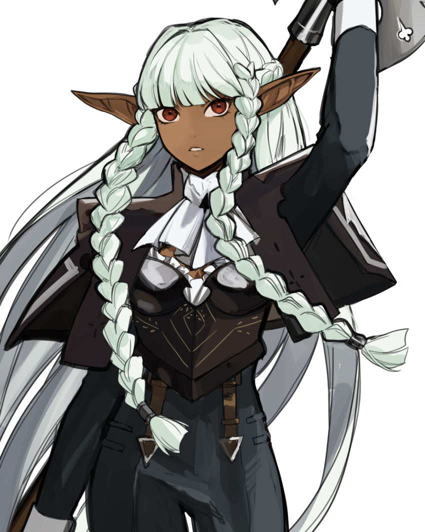 1girl, black_bustier, blunt_bangs, braid, commentary, cosplay, dark-skinned_female, dark_skin