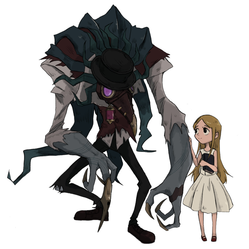 10ma10dantali0n, 1boy, 1girl, black_hat, book, claws, dress, eyelashes