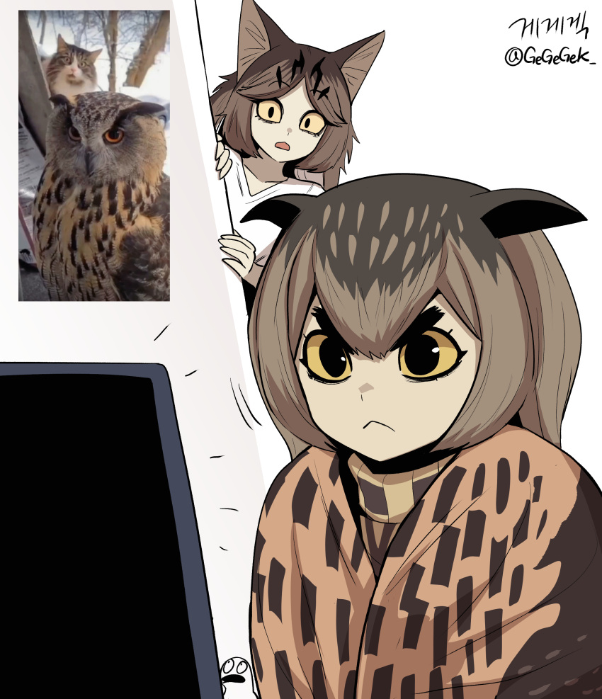 2girls, :<, absurdres, animal_ears, artist_name, artist_self-insert, bird, black_eyes