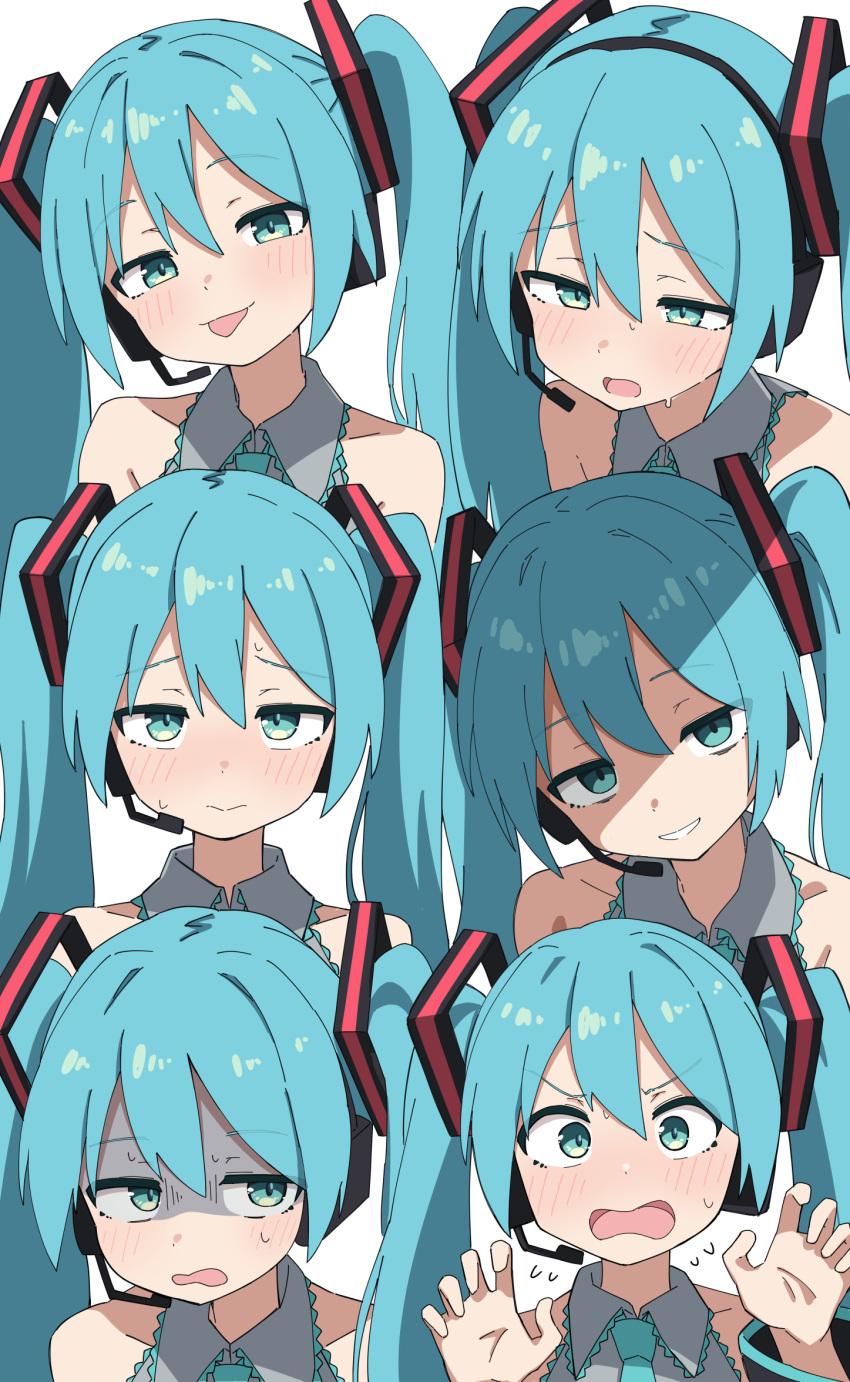 :p, aqua_eyes, aqua_hair, aqua_nails, aqua_necktie, bare_shoulders, blue_hair, clone, detached_sleeves, dual_persona, embarrassed, furrowed_brow, grey_shirt, hair_ornament, hatsune_miku, headphones, highres, long_hair, maud0239, multiple_girls, necktie, open_mouth, shirt, shoulder_tattoo, sleeveless, sleeveless_shirt, smile, sweat, tattoo, tears, tongue, tongue_out, twintails, upper_body, v-shaped_eyebrows, very_long_hair, vocaloid