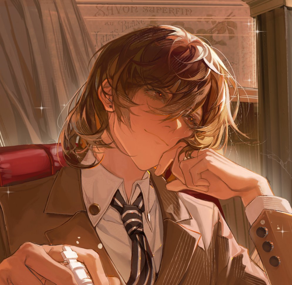 1boy, akechi_gorou, brown_eyes, brown_hair, closed_mouth, dress_shirt, indoors, jacket, jewelry, long_sleeves, male_focus, necktie, persona, persona_5, seigenmomokawa, shirt, striped_necktie, upper_body, white_shirt