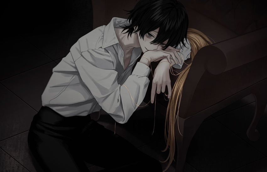 1boy, black_hair, black_pants, chair, collared_shirt, grey_eyes, hair_between_eyes, highres