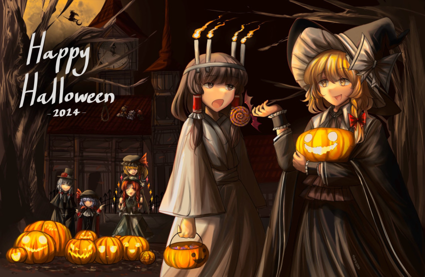 6+girls, alice_margatroid, alternate_costume, alternate_headwear_color, backlighting, bat_wings, black_capelet, black_dress